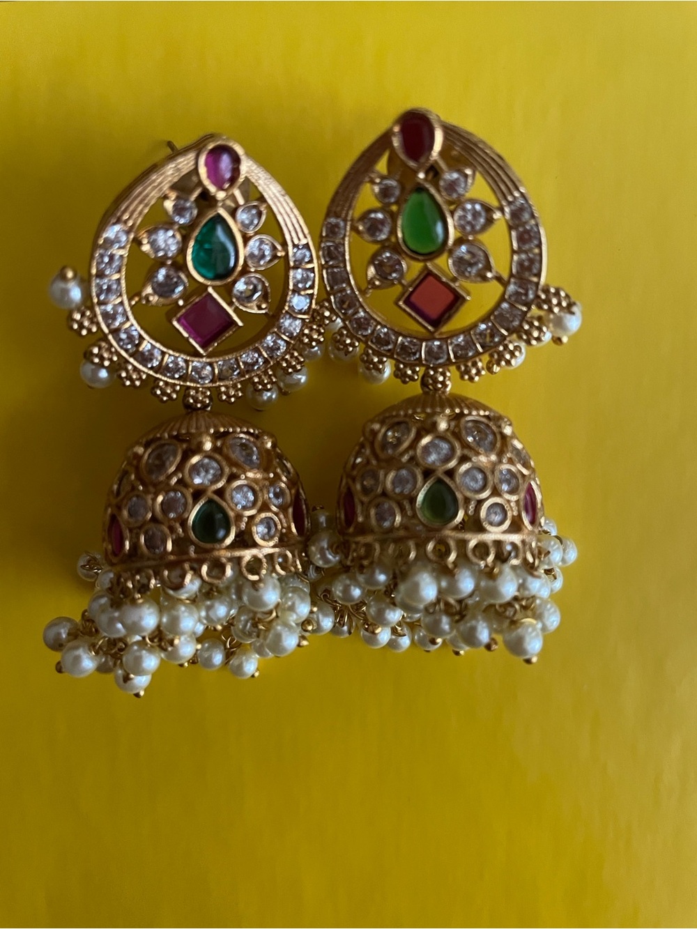 Gold Jhumka Earrings with Green & Pink Accents